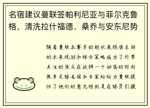 名宿建议曼联签帕利尼亚与菲尔克鲁格，清洗拉什福德、桑乔与安东尼势在必行